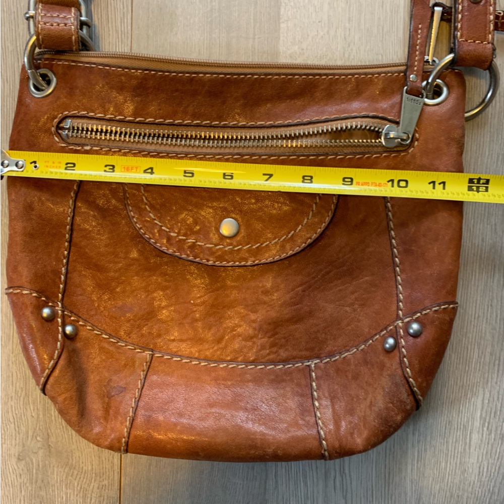 Fossil Brown Leather Long Strap Cross Body Bag Travel Adjustable Silver Tone Zip - Picture 4 of 16